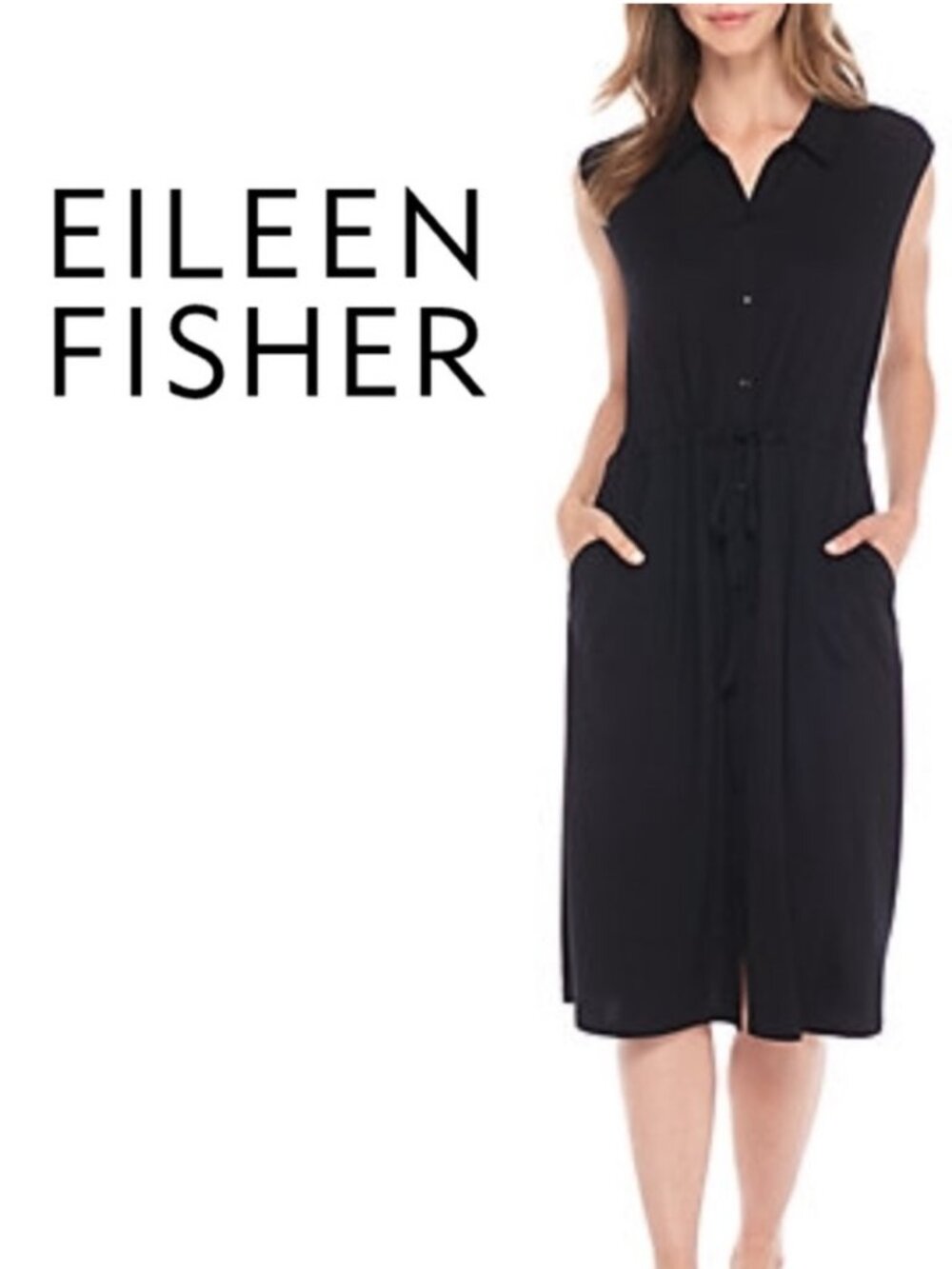 EUC Eileen Fisher Black Viscose Jersey Sleeveless Shirt Dress in Women's Large